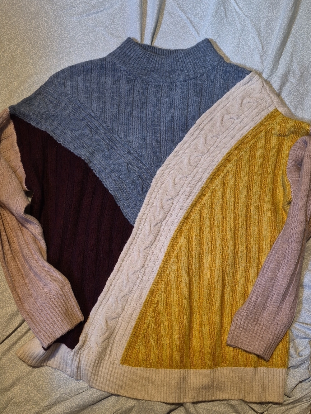 Colorblock Cable Turtleneck Sweater in Pink, Gray, Mustard & Burgundy
